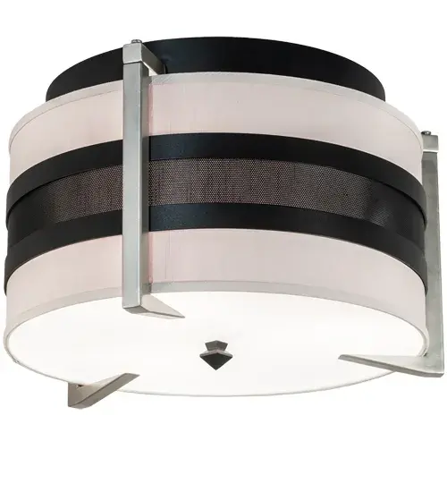 A stunning centerpiece to illuminate any residential or commercial decor. The Nathan ceiling luminaire features an Amsterdam Chalk Textrene shade with Textured Black solid bands surrounding a Weave-Tex band. This luminaire is enhanced with an architecturally styled frame and a Statuario Idalight bottom diffuser. The hardware is featured in a Brushed Nickel powder coat finish. This stunning ceiling fixture is perfect for placement in corridors and other areas in residential and hospitality settings from Newport; Rhode Island; to Boca Raton; Florida. The Nathan Flushmount is included in our American-made; American-designed; handcrafted Modern Lighting Collection and manufactured in Yorkville; New York. UL & cUL listed for dry and damp locations; however; we do not recommend installing it in spaces that experience a large amount of moisture due to the fabric shade. - alternate view