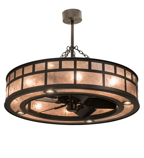 A distinctive; fan-tastic decorating idea for a home; retailer or hospitality location; this dual-function lighting/fan innovation features a custom design integrated with energy-efficient technologies. Stunning Silver Mica is complemented with Timeless Bronze finished hardware. 4 Customer supplied downlights provide task lighting on surfaces below; 4 Customer supplied uplights deliver ambient illumination; and 4 Customer supplied inner lights bring out the beauty of the Mica diffuser. Handcrafted in our 180;000 square foot manufacturing facility in Yorkville; New York. In summer; the fan pushes down a windchill that circulates to keep the space cool and comfortable. In winter; the fan is reversed to pull the room air up towards the ceiling and force the warm air back down and circulate to create warmth. UL and cUL listed.