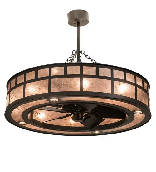A distinctive; fan-tastic decorating idea for a home; retailer or hospitality location; this dual-function lighting/fan innovation features a custom design integrated with energy-efficient technologies. Stunning Silver Mica is complemented with Timeless Bronze finished hardware. 4 Customer supplied downlights provide task lighting on surfaces below; 4 Customer supplied uplights deliver ambient illumination; and 4 Customer supplied inner lights bring out the beauty of the Mica diffuser. Handcrafted in our 180;000 square foot manufacturing facility in Yorkville; New York. In summer; the fan pushes down a windchill that circulates to keep the space cool and comfortable. In winter; the fan is reversed to pull the room air up towards the ceiling and force the warm air back down and circulate to create warmth. UL and cUL listed. - alternate view