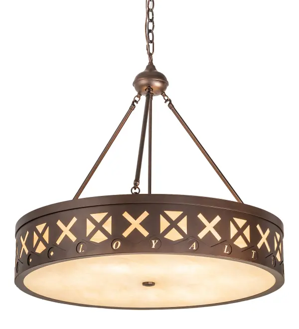 This handsome pendant features Sahara Taupe Idalight diffusers below and above the frame; personalized with an X design around the perimeter and the term LOYALTY. The ceiling fixture features a warm Mahogany Bronze finish. The overall height ranges from 31 to 111 inches; as the chain can be easily adjusted to meet your lighting requirements. The Personalized Hamilton Pendant is included in our American-made; American-designed; handcrafted Personalized Lighting Collection and manufactured in Yorkville; New York. The fixture is UL and cUL are listed for dry locations. This specific pendant can be ordered; and we will coordinate the custom logo with you to suit your project. Please call for price & lead time.