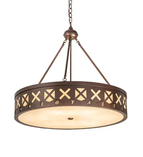 This handsome pendant features Sahara Taupe Idalight diffusers below and above the frame; personalized with an X design around the perimeter and the term LOYALTY. The ceiling fixture features a warm Mahogany Bronze finish. The overall height ranges from 31 to 111 inches; as the chain can be easily adjusted to meet your lighting requirements. The Personalized Hamilton Pendant is included in our American-made; American-designed; handcrafted Personalized Lighting Collection and manufactured in Yorkville; New York. The fixture is UL and cUL are listed for dry locations. This specific pendant can be ordered; and we will coordinate the custom logo with you to suit your project. Please call for price & lead time. - alternate view
