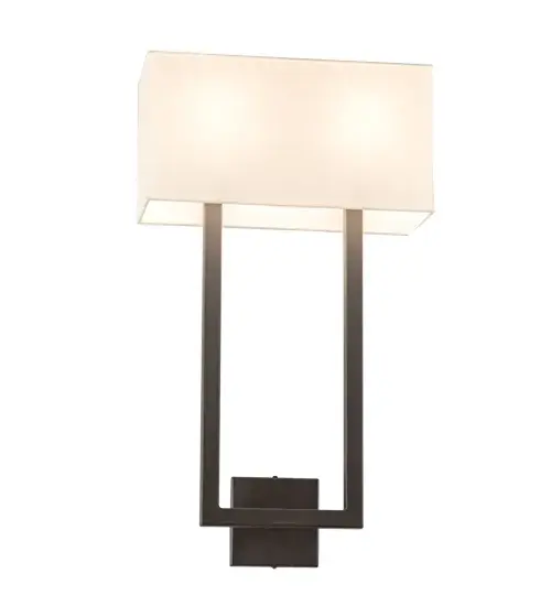 Designed with bold geometric styling; this Quadrato pendant features an elongated rectangular profile that provides the perfect lighting design to illuminate and enhance the aesthetics of transitional and contemporary settings. An architecturally designed frame featured in an Oil Rubbed Bronze finish embraces the Eggshell Textrene shade. The wall fixture is ideal for corridors and other rooms in residential; hospitality and commercial settings. Custom crafted in the USA. Custom styles; colors; sizes and dimmable energy efficient lamping options are available. UL and cUL listed for dry and damp locations; however; we do not recommend installing it in spaces that experience a large amount of moisture due to the fabric shade. - alternate view