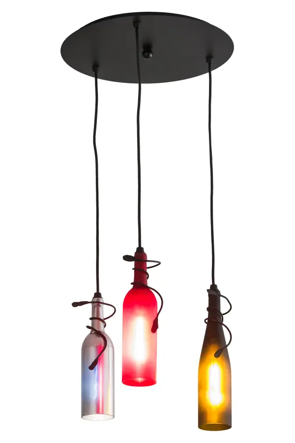Capture the life of any party with authentic wine bottle lighting... so much fun that you may want to hang from this cascading pendant; but don't. The fixture does so much more than deliver light; it adds personality and pizazz to any interior. Perfect for homes; restaurants; hotels; pubs; nightclubs; wineries; and retailers. Red; Chrome and Blue Wine Bottles are wrapped with leaf coils and embraced by hardware featured in a Black Textured powder coat finish. The fixture is handmade by skilled artisans in our manufacturing facilities in upstate New York. Custom colors; styles and sizes are available. The 16-inch wide fixture is UL and cUL listed.