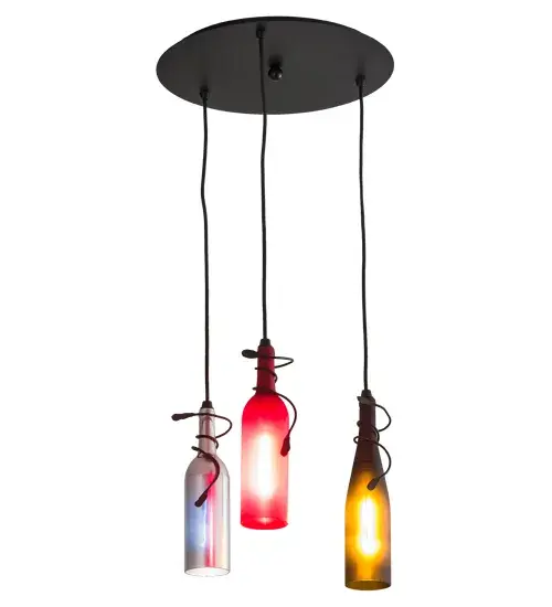 Capture the life of any party with authentic wine bottle lighting... so much fun that you may want to hang from this cascading pendant; but don't. The fixture does so much more than deliver light; it adds personality and pizazz to any interior. Perfect for homes; restaurants; hotels; pubs; nightclubs; wineries; and retailers. Red; Chrome and Blue Wine Bottles are wrapped with leaf coils and embraced by hardware featured in a Black Textured powder coat finish. The fixture is handmade by skilled artisans in our manufacturing facilities in upstate New York. Custom colors; styles and sizes are available. The 16-inch wide fixture is UL and cUL listed. - alternate view