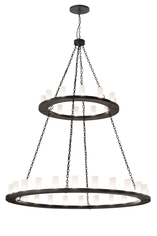 Blending an elegant style with a classic distinguished look. Loxley is custom crafted with 36 Clear Frosted Glass Cylindres on two tiers. The massive chandelier is featured in a Textured Black finish. Ideal for illuminating dining areas; conference tables; lobbies and other residential; hospitality and commercial spaces. The overall height ranges from 93 to 213 inches as the chain length can be easily adjusted in the field to accommodate your specific lighting needs. Handcrafted by highly skilled artisans in our 180;000 square foot manufacturing facility in Yorkville; New York. Diffuser colors; metal finishes and fixture sizes can be customized to your needs. UL and cUL listed for dry and damp locations.