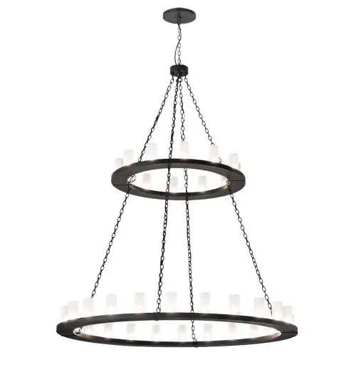 Blending an elegant style with a classic distinguished look. Loxley is custom crafted with 36 Clear Frosted Glass Cylindres on two tiers. The massive chandelier is featured in a Textured Black finish. Ideal for illuminating dining areas; conference tables; lobbies and other residential; hospitality and commercial spaces. The overall height ranges from 93 to 213 inches as the chain length can be easily adjusted in the field to accommodate your specific lighting needs. Handcrafted by highly skilled artisans in our 180;000 square foot manufacturing facility in Yorkville; New York. Diffuser colors; metal finishes and fixture sizes can be customized to your needs. UL and cUL listed for dry and damp locations. - alternate view
