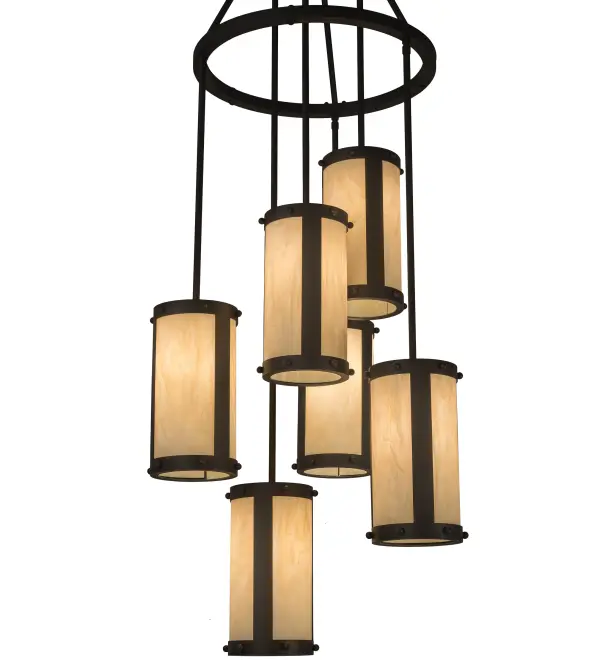 Spanning 8 feet from top to bottom; this two-tiered chandelier renders an eye-catching transitional look. Lovely Creme Carrare Idalight shades are aligned in a staggered formation; suspended from two decorative rings and a canopy while providing light at various levels. All hardware is hand-finished in Wrought Iron while an attractive glow evokes from six decorative cylinders. Ideal for illuminating entryways; lobbies; foyers; ballrooms; and other spaces. The Cartier Cascading Chandelier is featured in our American-made; American-designed; handcrafted Transitional Lighting Collection. Manufactured in Yorkville; NY. UL and cUL listed for dry and damp locations.