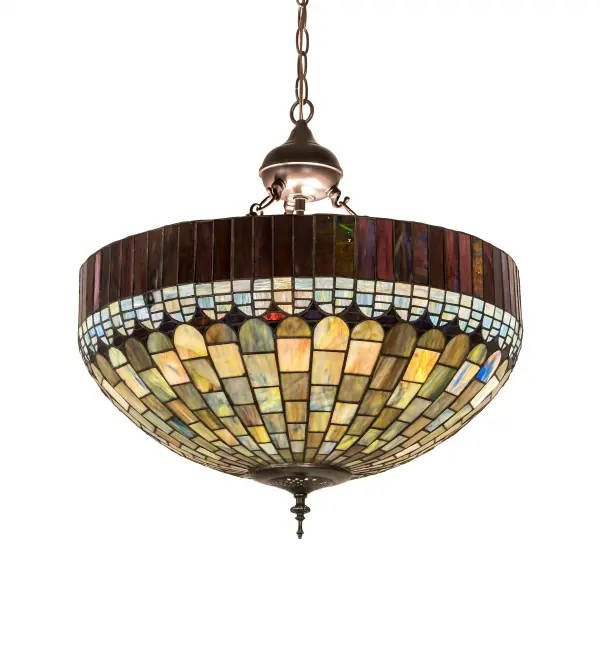 In the early 20th century, Tiffany Studios used artful mastery to develop the look of woven fabric with a fringed skirt out of glass. Meyda Tiffany is able to configure this timeless reproduction into a stunning inverted pendant. The shade features Multi-hued Plum fringe with dome brickwork intertwined with Emerald, Cobalt, Heather, Xanadu, Azure and Saffron art glass. The art glass shade is created using the famous Meyda Tiffany copperfoil construction process and is enhanced with hardware finished in Mahogany Bronze. Overall height ranges from 26 to 62 inches as the chain length can be easily adjusted in the field to accommodate your specific lighting needs. UL and cUL listed for dry and damp locations. Collection: Tiffany Candice Finish: Mahogany Bronze Glass: Stained Glass Width: 22.00" Height: 26.00" Length: 22.00" Weight: 14.00 lb Extension from Wall: 9.50" Number of Bulbs: 3 Maximum Wattage: 60.00 W Bulb Type: A19 Bulb Base: Medium Material: Steel Country of Origin: CHINA Safety Listing: Damp Safety Rating: Damp
