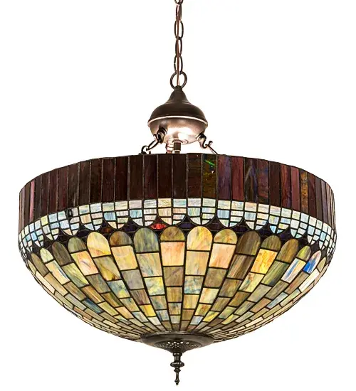 In the early 20th century, Tiffany Studios used artful mastery to develop the look of woven fabric with a fringed skirt out of glass. Meyda Tiffany is able to configure this timeless reproduction into a stunning inverted pendant. The shade features Multi-hued Plum fringe with dome brickwork intertwined with Emerald, Cobalt, Heather, Xanadu, Azure and Saffron art glass. The art glass shade is created using the famous Meyda Tiffany copperfoil construction process and is enhanced with hardware finished in Mahogany Bronze. Overall height ranges from 26 to 62 inches as the chain length can be easily adjusted in the field to accommodate your specific lighting needs. UL and cUL listed for dry and damp locations. Collection: Tiffany Candice Finish: Mahogany Bronze Glass: Stained Glass Width: 22.00" Height: 26.00" Length: 22.00" Weight: 14.00 lb Extension from Wall: 9.50" Number of Bulbs: 3 Maximum Wattage: 60.00 W Bulb Type: A19 Bulb Base: Medium Material: Steel Country of Origin: CHINA Safety Listing: Damp Safety Rating: Damp - alternate view