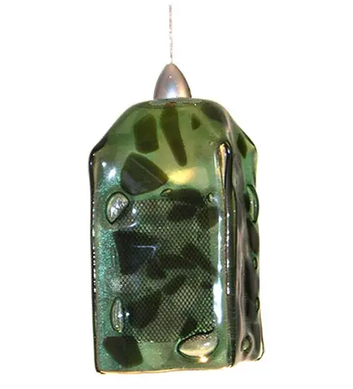 The Metro Fusion; The Sing Sing mini pendant is the coolest look in Hot glass. Hand cut glass is hot fired to fall into a cube draped shape. Handmade by Meyda Craftsmen the Yard Green Sing Sing shade with Platinum finished hardware and round black cord is a breakout fixture. The wiring components used in this item have been discontinued. We will develop new components upon request.