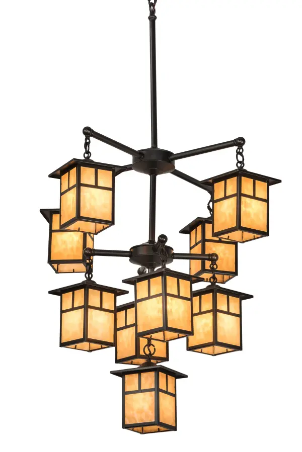 Handcrafted from Solid Brass; this Craftsman Signature chandelier is inspired by the Arts and Crafts movement. The striking Mission straight line design is featured in 9 Beige Iridescent art glass shades which are enhanced with a frame and hardware finished in a handsome Craftsman Brown. The overall height of this chandelier ranges from 62-98 inches and the chain length can be easily adjusted in the field to accommodate your specific lighting application needs. The chandelier is perfect for illuminating lobbies; foyers; ballrooms and other large spaces. Handcrafted by highly skilledartisans in our 180;000 square foot manufacturing facility in Upstate NY. Custom sizes; styles; colors and lamping options available. UL and cUL listed.