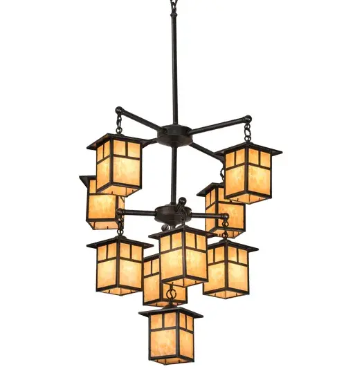 Handcrafted from Solid Brass; this Craftsman Signature chandelier is inspired by the Arts and Crafts movement. The striking Mission straight line design is featured in 9 Beige Iridescent art glass shades which are enhanced with a frame and hardware finished in a handsome Craftsman Brown. The overall height of this chandelier ranges from 62-98 inches and the chain length can be easily adjusted in the field to accommodate your specific lighting application needs. The chandelier is perfect for illuminating lobbies; foyers; ballrooms and other large spaces. Handcrafted by highly skilledartisans in our 180;000 square foot manufacturing facility in Upstate NY. Custom sizes; styles; colors and lamping options available. UL and cUL listed. - alternate view