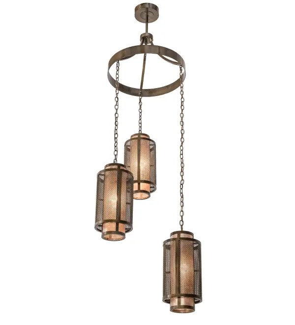 Offering a captivating look with a distinctive aesthetic; this Cilindro Weave-Tex Cascading Chandelier features three shades that reveal Silver Mica cylindrical profiles enhanced with Weave-Tex caged frames and hardware featured in an Antique Hammered Gold. The overall height of this pendant ranges from 50 to 98 inches and the chain length can be easily adjusted in the field to accommodate your specific lighting application needs. Handcrafted by highly skilled artisans in our 180;000 square manufacturing facility in Yorkville; NY; this fixture is available in custom colors; styles; and sizes; as well as dimmable energy efficient lamping options such as LED. The 32-inch wide ceiling fixture is UL and cUL listed for damp and dry locations.