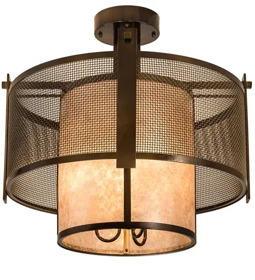 Designed with a cylindrical profile and a captivating look; this ceiling fixture features a distinctive aesthetic. The Weave-Tex Cage shade reveals a Silver Mica diffuser with a frame and hardware featured in an Antique Hammered Gold. Handcrafted by highly skilled artisans in our 180;000 square manufacturing facility in Yorkville; NY; this fixture is available in custom colors; styles; and sizes; as well as dimmable energy efficient lamping options such as LED. The 30-inch wide ceiling fixture is UL and cUL listed for damp and dry locations. - alternate view