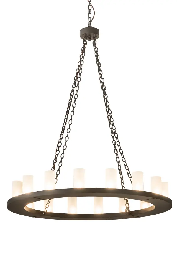 Blending an elegant style with a classic distinguished look; Loxley is custom crafted with 16 Clear Frosted Glass Cylindres on an Oil Rubbed Bronze finished ring styled frame. The chandelier is ideal for illuminating lobbies; conference rooms; entryways and other large residential and commercial spaces. The overall height of this pendant ranges from 62 to 110 inches as the chain length can be easily adjusted in the field to accommodate your specific lighting application needs. Loxley is handcrafted by highly skilled artisans in our 180;000 square foot manufacturing facility in Yorkville; NY. Custom colors; styles; sizes and dimmable energy efficient lamping options. The 48 inch wide fixture is UL and cUL listed for damp and dry locations.
