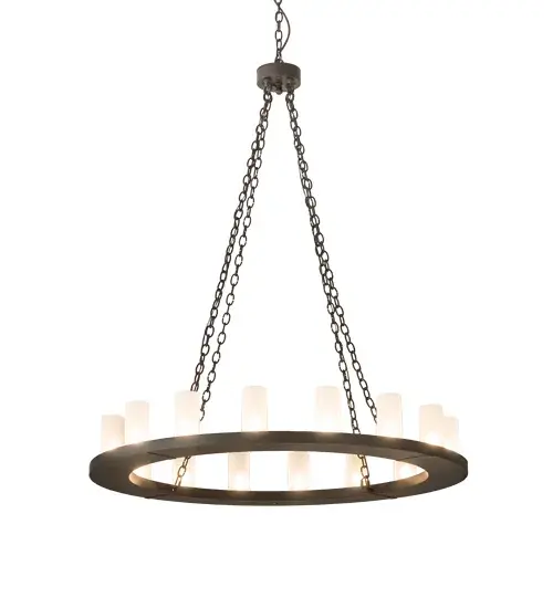 Blending an elegant style with a classic distinguished look; Loxley is custom crafted with 16 Clear Frosted Glass Cylindres on an Oil Rubbed Bronze finished ring styled frame. The chandelier is ideal for illuminating lobbies; conference rooms; entryways and other large residential and commercial spaces. The overall height of this pendant ranges from 62 to 110 inches as the chain length can be easily adjusted in the field to accommodate your specific lighting application needs. Loxley is handcrafted by highly skilled artisans in our 180;000 square foot manufacturing facility in Yorkville; NY. Custom colors; styles; sizes and dimmable energy efficient lamping options. The 48 inch wide fixture is UL and cUL listed for damp and dry locations. - alternate view