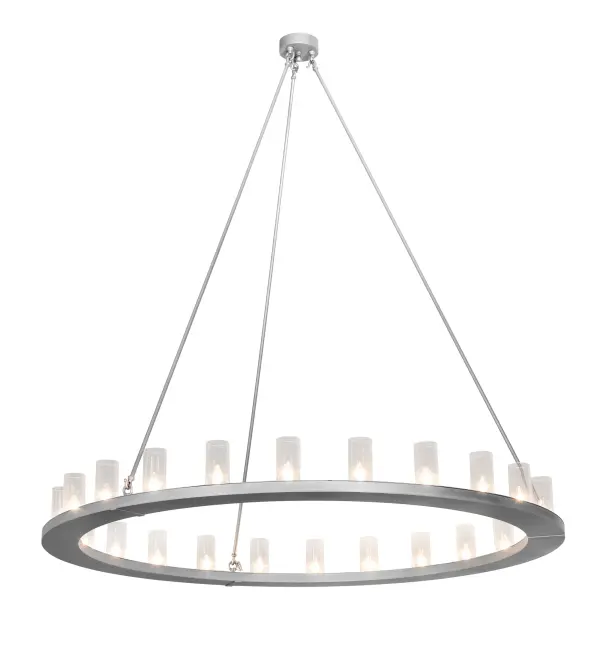 Blending an elegant style with a classic distinguished look, This grandiose Loxley chandelier is custom crafted with 24 Clear Seeded Glass Cylindres on two tiers. The chandelier is featured in a Weatherable Silver finish. Ideal for illuminating dining areas, conference tables, lobbies and other residential, hospitality and commercial spaces. Handcrafted by highly skilled artisans in our 180,000 square foot manufacturing facility in Yorkville, New York. Diffuser colors, metal finishes and fixture sizes can be customized to your needs. UL and cUL listed for dry and damp locations. Collection: Loxley Finish: Weatherable Silver Glass: Clear Seeded Glass Width: 72.00" Height: 77.00" Length: 72.00" Weight: 91.00 lb Number of Bulbs: 24 Maximum Wattage: 40.00 W Bulb Type: B11 Bulb Base: E26 Material: Steel Country of Origin: USA Safety Listing: Damp Safety Rating: Damp