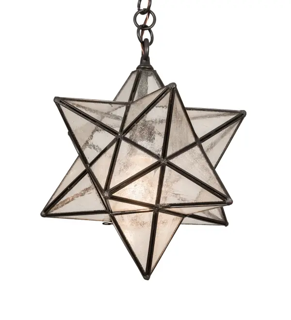 Grace your home with this timeless ceiling pendant. Dating back to Moravia hundreds of years ago; the Star was used to protect your home and bring good luck to your family. The Moravian Star pendant features a sparkling Clear Seeded Glass shade. The Solid Brass fixture is finished in Craftsman Brown with a Patina. Overall height ranges from 16 to 52 inches as the chain length can be easily adjusted in the field to accommodate your specific lighting needs. Shade colors; metal finishes and sizes can be customized. UL and cUL listed for dry; damp and wet locations.