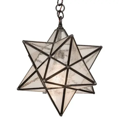 Grace your home with this timeless ceiling pendant. Dating back to Moravia hundreds of years ago; the Star was used to protect your home and bring good luck to your family. The Moravian Star pendant features a sparkling Clear Seeded Glass shade. The Solid Brass fixture is finished in Craftsman Brown with a Patina. Overall height ranges from 16 to 52 inches as the chain length can be easily adjusted in the field to accommodate your specific lighting needs. Shade colors; metal finishes and sizes can be customized. UL and cUL listed for dry; damp and wet locations. - alternate view