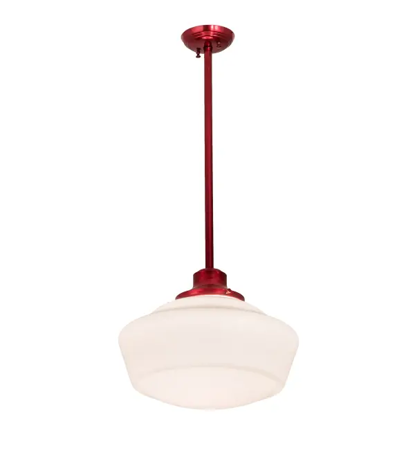 The Revival Schoolhouse glass reflects an authentic classic design. A perfectly formed shade is handcrafted of White Opal Schoolhouse Glass with rich artisanship and style. Originally used in private residences, schools, galleries and libraries, this Schoolhouse electrical reproduction pendant can be cord hung and will illuminate a broad range of interiors today. The pendant is enhanced with a Candy Red finish. Handcrafted by highly skilled artisans in our 180,000 square manufacturing facility in Yorkville, New York. Diffuser colors, metal finishes and fixture sizes can be customized. UL and cUL listed for dry and damp locations. Collection: Schoolhouse Finish: Candy Red Glass: White Opal Glass Width: 16.00" Height: 36.00" Length: 16.00" Weight: 8.00 lb Number of Bulbs: 1 Maximum Wattage: 60.00 W Bulb Type: A19 Bulb Base: E26 Light Source: LED Material: Brass Country of Origin: USA Safety Listing: Damp Safety Rating: Damp LED
