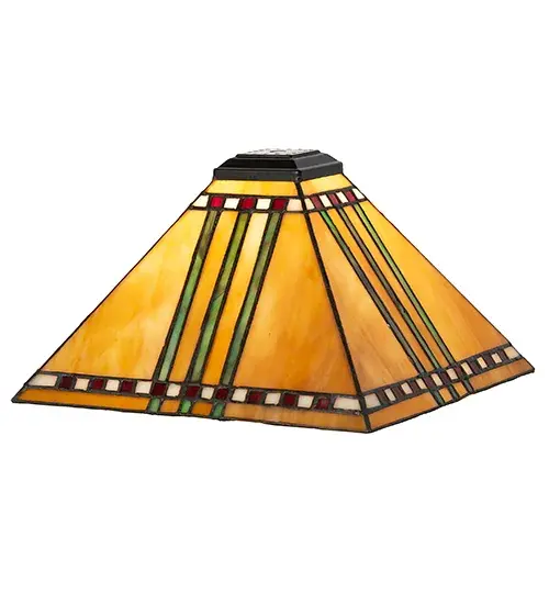 With a love of geometric forms; this lighting design interprets organic objects into simplified lines. The Prairie Corn shade features rows of Chili Red and Wheat kernels and stalks of Bronzed Jade against a Maize Gold background. The art glass shade is created using the famous Meyda Tiffany copperfoil construction and inspired by homes from Georgetown; Texas; to the Bad Lands of South Dakota; to Fargo; North Dakota. The Prairie Corn Shade is included in our American-designed; handcrafted Mission Lighting Collection. Each shade is a unique work of art with color variations based on natural ingredients inherent in the glass.