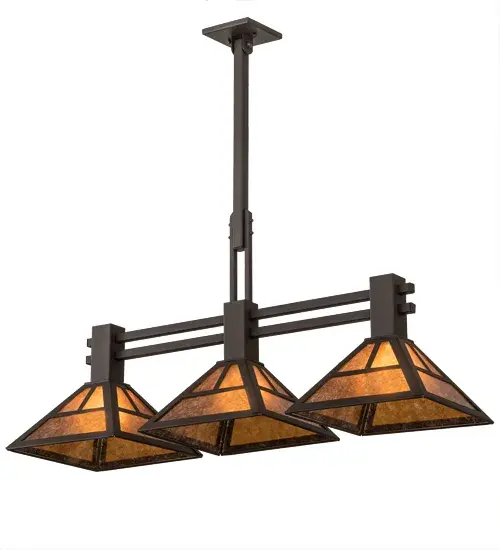 This handsome T Mission Pendant is inspired by the Arts and Crafts movement. This fixture features 3 Amber Mica shades with a striking Mission straight line design and complemented with hardware and decorative accents highlighted in an Oil Rubbed Bronze finish. Ideal for illuminating billiard tables; islands; counters; bars; and tables. The pendant is handcrafted by highly skilled artisans in our 180;000 square foot manufacturing facility in Yorkville; NY. Custom sizes; styles; colors and dimmable energy efficient lamping options are available. The 40-inch wide fixture is UL and cUL listed for dry and damp locations. - alternate view