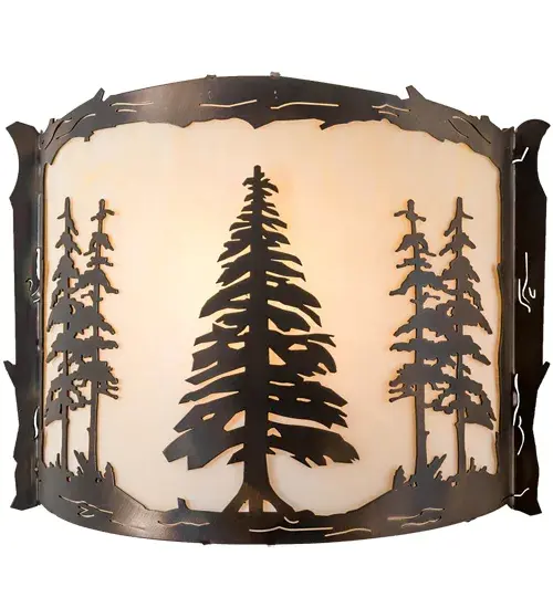 A stunning nature inspired design of Tall Pine trees is depicted as the mid-morning sun shines over the American woodlands. Soft ambient light is diffused beautifully through a stunning Creme Carrare Idalight lens which is complemented with a Dark Burnished Antique Copper finish. This ADA Compliant Tall Pines Wall Sconce is Domestically Produced in our 180,000 sq ft manufacturing facility in Yorkville, NY. Customize shade styles, fixture sizes and metal finishes to your preferences. UL and cUL listed for damp and dry locations. Collection: Tall Pines Finish: Dark Burnished Antique Copper Glass: Creme Carrare Idalight Width: 12.00" Height: 9.50" Length: 4.00" Weight: 3.00 lb Extension from Wall: 4.00" Number of Bulbs: 1 Maximum Wattage: 60.00 W Bulb Type: A19 Bulb Base: E26 Material: Steel Country of Origin: USA Safety Listing: Damp Safety Rating: Damp - alternate view