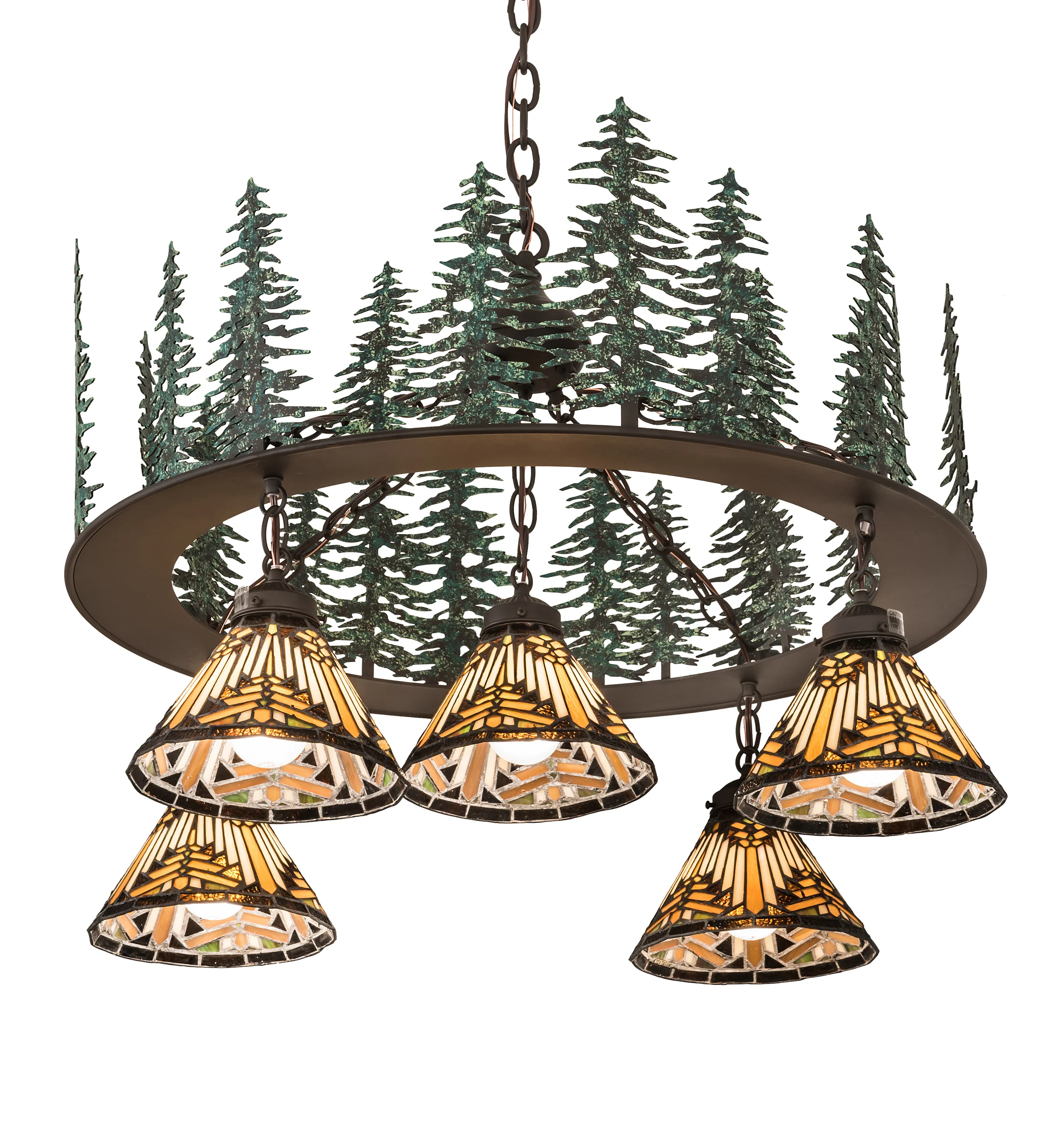 Nuevo Mission Five Light Chandelier in Oil Rubbed Bronze/Green Trees