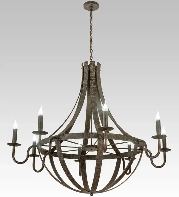 Inspired by Antique Wooden staves bound by wooden or metal hoops in the construction of beer/whisky barrels and wine casks. This chandelier includes 8 GU10 base LED Decorative Flametip Candelabra bulbs that comply with California Title 24 regulations. At the time of this writing; we are the world's only source for this type of energy efficient bulbs today. The chandelier features Coffee Bean finished stout curved arms supporting bobeches accented with 8 Ivory faux candles which line up like soldiers at attention in abeyance of the barrel to which they serve. Overall height ranges from 55-102 inches as chain length can be easily adjusted in the field. Custom crafted in our 180;000 square foot manufacturing facility in Yorkville; NY.