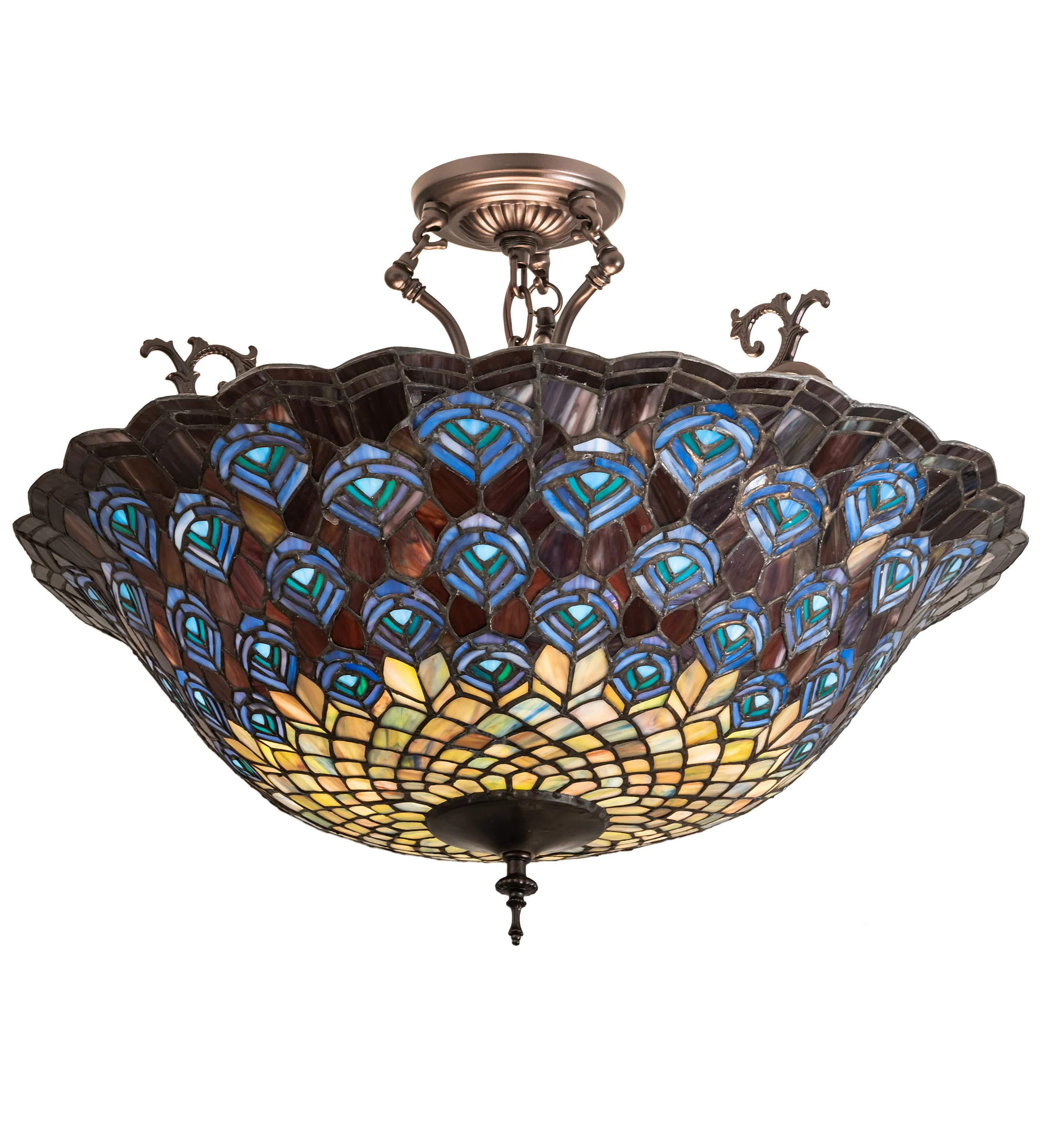 Peacock Feather Three Light Semi-Flushmount in Mahogany Bronze
