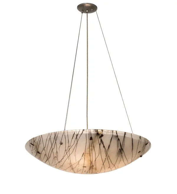 Italian for small branches or twigs, the Ramoscelli pendant features an abstract expressionist lighting design. Inspired by bare trees against a Winter White sky, this inverted shade highlights our innovative Fused Glass. White iridescent glass is fused with Black Twig-like streamers and enhanced with chunky Plum accents and Bronze Frit sprinkled into lines across the shade. The pendant is complemented with a Brushed Nickel powder coat finish. Overall height ranges from 8.5 to 72 inches as the aircraft cable length can be easily adjusted in the field. Traditional workmanship, high fire kilns and original tools are used to fuse glass in our 180,000 square foot manufacturing facility in Yorkville, NY. Collection: Ramoscelli Finish: Nickel Glass: White Iridescent/Clear/Black Width: 30.00" Height: 8.50" Length: 30.00" Weight: 29.00 lb Number of Bulbs: 3 Maximum Wattage: 60.00 W Bulb Type: A19 Bulb Base: E26 Material: Steel Country of Origin: USA Safety Listing: Damp Safety Rating: Damp