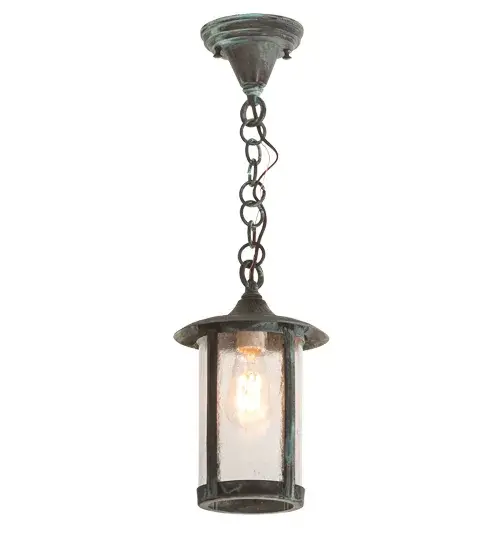 Handcrafted from Solid Brass with alluring rustic beauty. This stunning Craftsman Signature lantern features a Clear Seeded Glass lens enhanced with a Craftsman Verdigris finish. Display this pendant outdoors under a covered porch, entryway, or a three-season space within timber homes, modern farmhouses, and other locations. The overall height ranges from 18 to 25 inches, and the chain can be easily adjusted on location to meet your lighting requirements. The Fulton Prime Pendant is included in our American-made, American-designed, handcrafted Craftsman Signature Series, manufactured in Yorkville, New York. UL and cUL listed for dry and damp locations. Our Build Your Own Craftsman Signature Series features unlimited combinations of styles. The collection is called Build Your Own because it is fully configurable and customizable from size and design to finish and lens color. Marine grade, solid brass, or copper raw materials are utilized to ensure items from the Craftsman Signature Series of outdoor and indoor lighting will stand the test of time, as these premium metals are impervious to most types of oxidation. Hand-applied Patina finishes on brass and copper are sealed with a clear varnish and over time, may require gentle maintenance, such as wax, to delay or reverse the natural living finish attributes indicative of this finishing process. Patina finishes on brass and copper provide strong resistance to fading from sun exposure, will not chip or crack, and will not rust like a steel-framed item in the same conditions. Choose from many style options, or send us your concept today! Call today to learn how to use the configuration tool available on our website for an instant item number! Collection: Fulton Finish: Craftsman Verdigris Glass: Clear Seeded Glass Width: 8.00" Height: 18.00" Length: 8.00" Weight: 4.00 lb Number of Bulbs: 1 Maximum Wattage: 9.00 W Bulb Type: A19 Bulb Base: E26 Light Source: LED Material: Brass Country of Origin: USA Safety Listing: Damp Safety Rating: Wet LED - alternate view