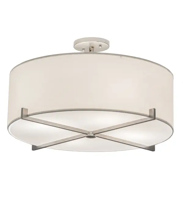 Designed with a curved profile and an impressive architectural look. This appealing ceiling fixture reveals a sophisticated aesthetic. This pendant features a White Textrene shade enhanced with a Statuario Idalight bottom diffuser. The hardware; frame and crossbar design are featured in a Brushed Nickel powder coat finish. Custom crafted by highly skilled artisans in our 180;000 square foot manufacturing facility in Yorkville; NY. Custom sizes; finishes and diffuser colors available. UL and cUL listed for dry and damp locations however we do not recommend installing it in spaces that experience a large amount of moisture due to the fabric shade.