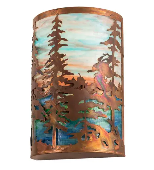 A stand of Tall Pines are depicted on this wall sconce handcrafted in the USA by Meyda artisans. This nature inspired fixture is finished in Copper and has a Sunset Sky and Azure glass panels. Collection: Tall Pines Finish: Vintage Copper Glass: Purple/Sky Blue Opal Width: 12.00" Height: 18.00" Length: 6.50" Weight: 13.00 lb Extension from Wall: 6.50" Number of Bulbs: 2 Maximum Wattage: 60.00 W Bulb Type: A19 Bulb Base: E26 Material: Steel Country of Origin: USA Safety Listing: Damp Safety Rating: Damp - alternate view