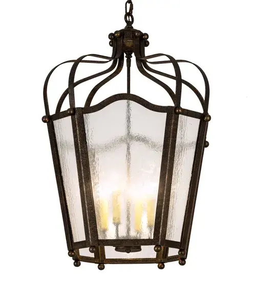 Utilizing a blend of timeless craftsmanship and classic design; the ever-popular Citadel brings home unsurpassed quality and shapely appeal. Evoking a dramatic effect; beautiful ambient light is projected through Clear Seeded Glass which reveals 4 Amber faux candlelights featured within this pendant. Citadel is enhanced with a dramatic design; frame and ballpoint accents featured in a Golden Bronze finish. The overall height of this pendant ranges from 34 to 81 inches as the chain length can be easily adjusted in the field to accommodate your specific application needs. The fixture is handcrafted in our 180;000 square foot manufacturing facility in Yorkville; NY. Custom options available. UL and cUL listed for dry and damp locations. - alternate view
