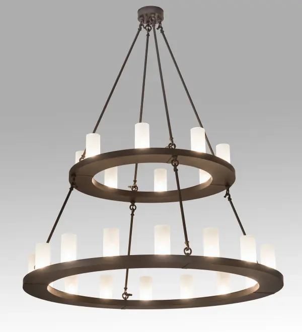 Blending an elegant style with a classic distinguished look, Loxley is custom crafted with 24 Frosted Glass Cylindres on two tiers. This large chandelier is featured in an Oil Rubbed Bronze finish. Ideal for illuminating dining areas, conference tables, lobbies and other residential, hospitality and commercial spaces. Handcrafted by highly skilled artisans in our 180,000 square foot manufacturing facility in Yorkville, New York. Diffuser colors, metal finishes and fixture sizes can be customized to your needs. UL and cUL listed for dry and damp locations. Collection: Loxley Finish: Oil Rubbed Bronze Glass: Frosted Clear Glass Width: 54.00" Height: 64.00" Length: 54.00" Weight: 104.00 lb Number of Bulbs: 24 Maximum Wattage: 40.00 W Bulb Type: B11 Bulb Base: E26 Material: Steel Country of Origin: USA Safety Listing: Damp Safety Rating: Damp