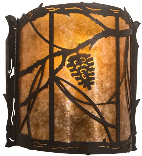 Listen closely. You can almost hear the soft whisper of the pine branches as they dance in the wind. Enjoy the ambiance of soft beautiful light diffused through this Amber Mica shade featuring a stunning Pinecone and Pine branch design. Hand finished in a handsome Coffee Bean hue and handcrafted by highly skilled artisans in our 180,000 square foot manufacturing facility in Yorkville, NY at the foothills of the Adirondack Mountains. Create the design, colors, and the size and style of your choice. Dimmable energy efficient lamping options available. The ADA Compliant sconce is UL and cUL listed for dry and damp locations. Collection: Whispering Pines Finish: Coffee Bean Glass: Amber Mica Width: 9.25" Height: 9.75" Length: 4.00" Weight: 3.00 lb Extension from Wall: 4.00" Number of Bulbs: 1 Maximum Wattage: 60.00 W Bulb Type: A19 Bulb Base: E26 Material: Steel Country of Origin: USA Safety Listing: Damp Safety Rating: Damp - alternate view