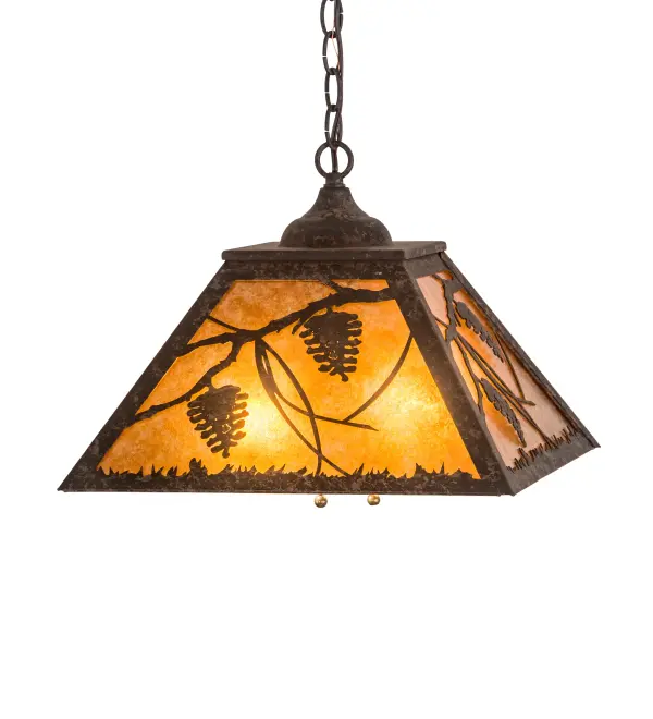 Listen closely. You can almost hear the soft whisper of the pine branches as they dance in the wind. Enjoy the warm ambiance of soft beautiful light diffused through an Amber Mica shade featuring stunning Pinecone and Pine Branch designs. The pendant is featured in a Coffee Bean finish. Overall height ranges from 15 to 44 inches as the chain length can be easily adjusted in the field to accommodate your specific lighting needs. Handcrafted by highly skilled artisans in our 180,000 square manufacturing facility in Yorkville, New York. Shade colors, metal finishes and sizes can be customized. UL and cUL listed for dry and damp locations. Collection: Whispering Pines Finish: Coffee Bean Glass: Amber Mica Width: 22.00" Height: 15.00" Length: 16.00" Weight: 7.00 lb Extension from Wall: 4.00" Number of Bulbs: 2 Maximum Wattage: 60.00 W Bulb Type: A19 Bulb Base: E26 Material: Steel Country of Origin: USA Safety Listing: Damp Safety Rating: Damp