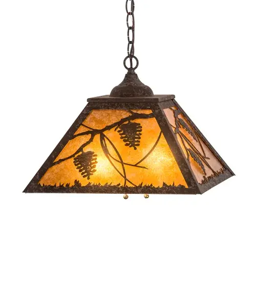 Listen closely. You can almost hear the soft whisper of the pine branches as they dance in the wind. Enjoy the warm ambiance of soft beautiful light diffused through an Amber Mica shade featuring stunning Pinecone and Pine Branch designs. The pendant is featured in a Coffee Bean finish. Overall height ranges from 15 to 44 inches as the chain length can be easily adjusted in the field to accommodate your specific lighting needs. Handcrafted by highly skilled artisans in our 180,000 square manufacturing facility in Yorkville, New York. Shade colors, metal finishes and sizes can be customized. UL and cUL listed for dry and damp locations. Collection: Whispering Pines Finish: Coffee Bean Glass: Amber Mica Width: 22.00" Height: 15.00" Length: 16.00" Weight: 7.00 lb Extension from Wall: 4.00" Number of Bulbs: 2 Maximum Wattage: 60.00 W Bulb Type: A19 Bulb Base: E26 Material: Steel Country of Origin: USA Safety Listing: Damp Safety Rating: Damp - alternate view