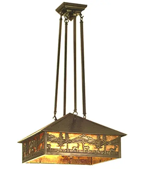 This magnificent ceiling pendant features an Amber Mica shade designed to illuminate nearly any interior decor. This Brass shade is enhanced with a Craftsman Brown finish and a delightful design featuring a deer meandering near a mountain lake. The Deer Lodge Pendant is included in our American-made; American-designed; handcrafted Nature-Inspired Collection; manufactured in Yorkville; New York. The fixture is UL and cUL listed for dry and damp locations.