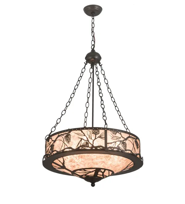 Listen closely. You can almost hear the soft whisper of the pine branches as they dance in the wind. Enjoy the warm ambiance of soft beautiful light diffused through Silver Mica featuring stunning Pinecone and Pine branch designs. This ceiling fixture is featured in a Bronze finish. The overall height of this nature-inspired pendant ranges from 41.50 to 70.5 inches as the chain length can be easily adjusted in the field to accommodate your specific lighting application needs. Handcrafted by highly skilled artisans in our 180;000 square foot manufacturing facility in Yorkville; New York at the foothills of the Adirondack Mountains. Custom colors; sizes and styles offered. Dimmable energy efficient lamping options are available. UL and cUL listed for dry and damp locations.