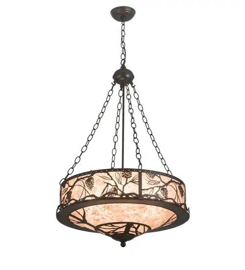 Listen closely. You can almost hear the soft whisper of the pine branches as they dance in the wind. Enjoy the warm ambiance of soft beautiful light diffused through Silver Mica featuring stunning Pinecone and Pine branch designs. This ceiling fixture is featured in a Bronze finish. The overall height of this nature-inspired pendant ranges from 41.50 to 70.5 inches as the chain length can be easily adjusted in the field to accommodate your specific lighting application needs. Handcrafted by highly skilled artisans in our 180;000 square foot manufacturing facility in Yorkville; New York at the foothills of the Adirondack Mountains. Custom colors; sizes and styles offered. Dimmable energy efficient lamping options are available. UL and cUL listed for dry and damp locations. - alternate view