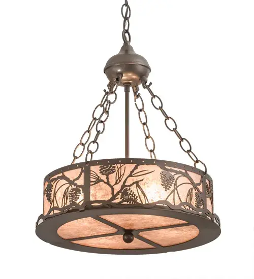 Listen closely. You can almost hear the soft whisper of the Pine Branches as they dance in the wind. Enjoy the warm ambiance of soft beautiful light diffused through a Silver Mica shade featuring stunning Pinecone and Pine Branch designs. This Whispering Pines inverted pendant is hand finished in Bronze. Overall height ranges from 23 to 71 inches as the chain length can be easily adjusted in the field to accommodate your specific lighting needs. Handcrafted by highly skilled artisans in our 180;000 square manufacturing facility in Yorkville; New York. Shade colors; metal finishes and sizes can be customized. UL and cUL listed for dry and damp locations. - alternate view