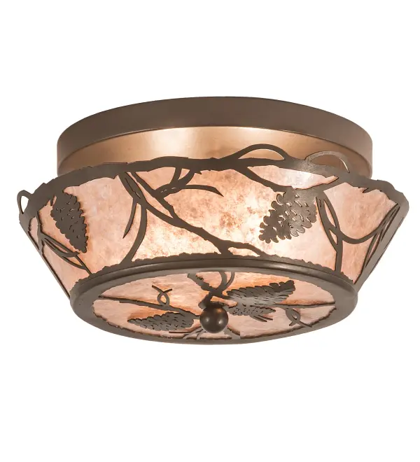Listen closely. You can almost hear the soft whisper of the Pine Branches as they dance in the wind. Enjoy the warm ambiance of soft beautiful light diffused through a Silver Mica shade featuring stunning Pinecone and Pine Branch designs. This stunning ceiling fixture is featured in a Bronze finish. Handcrafted by highly skilled artisans in our 180;000 square manufacturing facility in Yorkville; New York. Shade colors; metal finishes and sizes can be customized. UL and cUL listed for dry and damp locations.