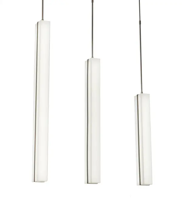 Make a dramatic design statement over a table, island counter or bar with the Montant series of three cascading decorative pendants. Each luminaire features a vertical block of stunning Statuario Idalight accented with Nickel powder coated bands to match the hardware. Custom crafted in our 180,000 square manufacturing facility in Yorkville, New York. Custom sizes, diffuser colors, and finishes available. UL and cUL listed for dry and damp locations. Collection: Montant Finish: Nickel Glass: Statuario Idalight Width: 8.00" Height: 84.00" Length: 51.00" Weight: 48.00 lb Number of Bulbs: 6 Maximum Wattage: 173.00 W Bulb Type: STRIP Bulb Base: INTEGRAL Light Source: LED Color Temperature: 2700 K Material: Steel Country of Origin: USA Safety Listing: Damp Safety Rating: Damp LED