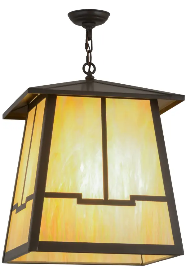 An abstract view of a valley design comes to light with this Craftsman styled lantern. This striking fixture features a Beige Iridescent art glass diffuser which is complemented with hardware and accents featured in a Timeless Bronze finish. This pendant is handcrafted by Meyda artisans in our Yorkville; New York manufacturing facility; at the foothills of the glorious Adirondack Mountains. Custom styles; colors and sizes are available; as well as energy efficient lamping options.