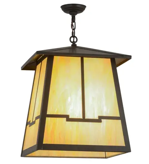An abstract view of a valley design comes to light with this Craftsman styled lantern. This striking fixture features a Beige Iridescent art glass diffuser which is complemented with hardware and accents featured in a Timeless Bronze finish. This pendant is handcrafted by Meyda artisans in our Yorkville; New York manufacturing facility; at the foothills of the glorious Adirondack Mountains. Custom styles; colors and sizes are available; as well as energy efficient lamping options. - alternate view