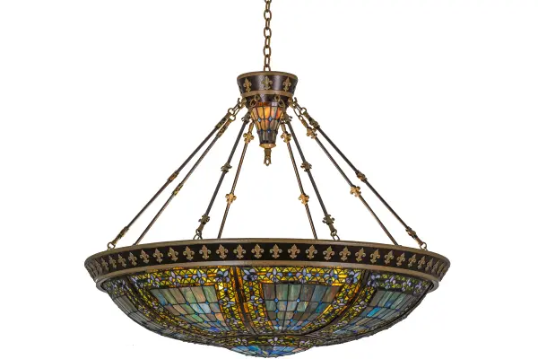 Reminiscent of castles and cathedral stained glass, the ever-popular Fleur-de-lis holds a prominent place in European Heraldry. Anintricate tilework mosaic of Blue, Green, Teal, Mauve, Pink, Purple and Taupe art glass with Blue colored glass fleurs surrounded by Yellow and Root Beer colored accents. A decorative hub, featuring matching fleurs and a smaller conical art glass shade, embraces the exquisite art glass shade which is handcrafted utilizing Meyda Tiffany's famous copperfoil construction process. The frame and hardware are featured in a Copper Vein and Gold finish. Custom sizes, styles, designs and energy efficient lamping options are available. The pendant is UL and cUL listed for damp and dry locations. Collection: Fleur-De-Lis Finish: Copper Vein & Nu Gold Glass: Jp Va Xag Blue Width: 45.00" Height: 40.00" Length: 45.00" Weight: 58.00 lb Number of Bulbs: 8 Maximum Wattage: 60.00 W Bulb Type: A19 Bulb Base: E26 Material: Steel Country of Origin: USA Safety Listing: Damp Safety Rating: Damp