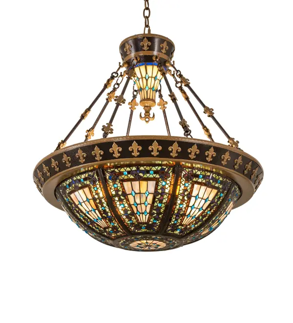 A Meyda Tiffany original design, the Fleur-de-Lis inverted pendant is an intricate design of Purple stylized tri-petaled irises and Azure colored jewels against bands of Green and Umber, surrounding a mottled Blue, Mauve, and Peridot field. Reminiscent of castle and cathedral glass, the fleur-de-lis pattern holds a prominent place in French Heraldry. Intricately detailed hardware, hand finished in Mahogany Bronze with Antique Gold accents, cradles a stained glass shade and lighted hub which are hand crafted utilizing the copperfoil construction process. Collection: Fleur-De-Lis Finish: Copper Vein/Nu Gold Glass: Jp Va Xag Blue Width: 28.25" Height: 32.00" Length: 28.25" Weight: 32.00 lb Number of Bulbs: 4 Maximum Wattage: 60.00 W Bulb Type: A19 Bulb Base: E26 Material: Steel Country of Origin: CHINA Safety Listing: Damp Safety Rating: Damp