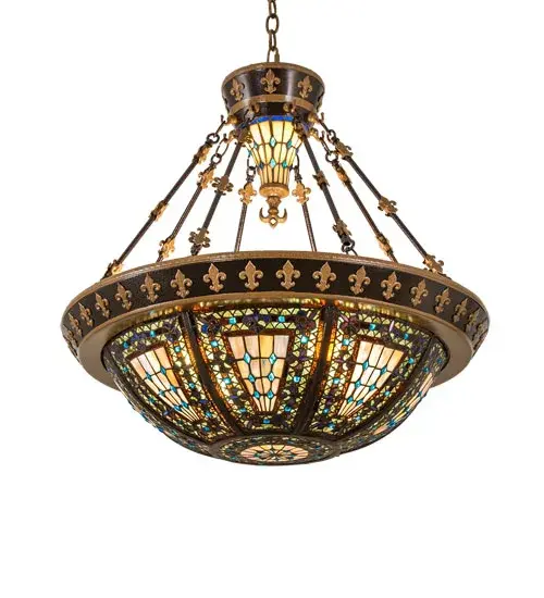 A Meyda Tiffany original design, the Fleur-de-Lis inverted pendant is an intricate design of Purple stylized tri-petaled irises and Azure colored jewels against bands of Green and Umber, surrounding a mottled Blue, Mauve, and Peridot field. Reminiscent of castle and cathedral glass, the fleur-de-lis pattern holds a prominent place in French Heraldry. Intricately detailed hardware, hand finished in Mahogany Bronze with Antique Gold accents, cradles a stained glass shade and lighted hub which are hand crafted utilizing the copperfoil construction process. Collection: Fleur-De-Lis Finish: Copper Vein/Nu Gold Glass: Jp Va Xag Blue Width: 28.25" Height: 32.00" Length: 28.25" Weight: 32.00 lb Number of Bulbs: 4 Maximum Wattage: 60.00 W Bulb Type: A19 Bulb Base: E26 Material: Steel Country of Origin: CHINA Safety Listing: Damp Safety Rating: Damp - alternate view